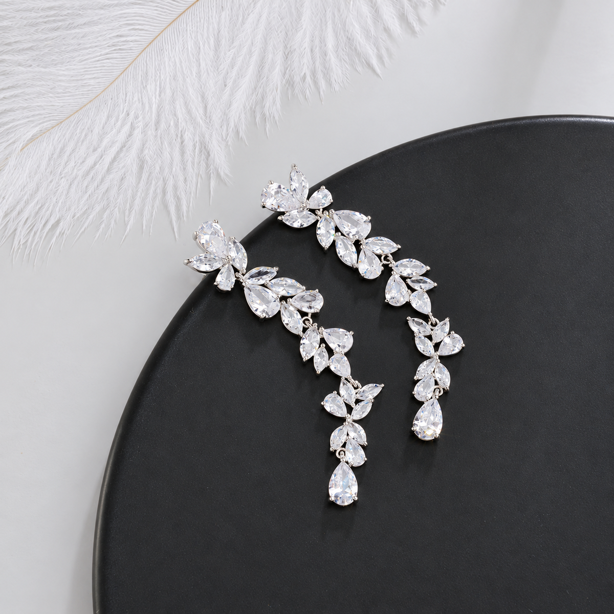 Women’s Glamorous Gold-Plated Long Leaf Earrings with Sparkling Zircon Detail