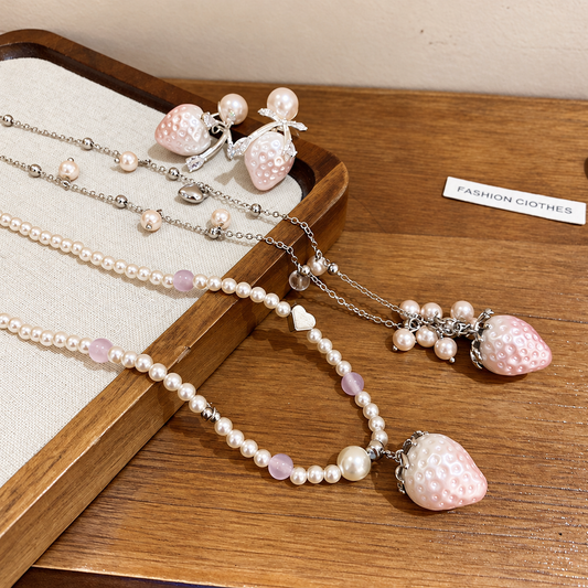 Women’s Pink Strawberry Faux Pearl Jewelry Set with Two Necklaces and Earrings
