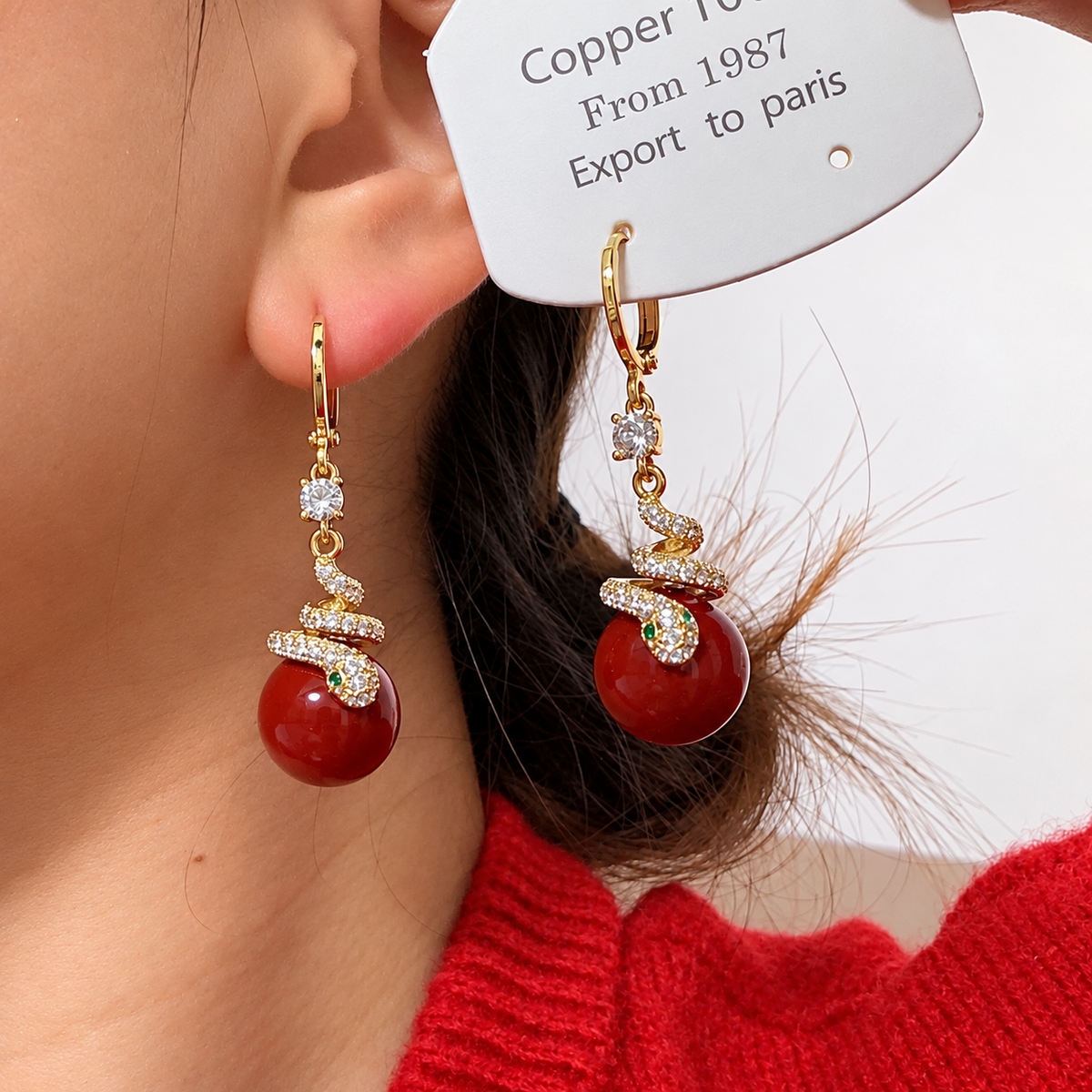 Women’s Elegant Electroplated Copper Snake Drop Earrings with Pearl Detail