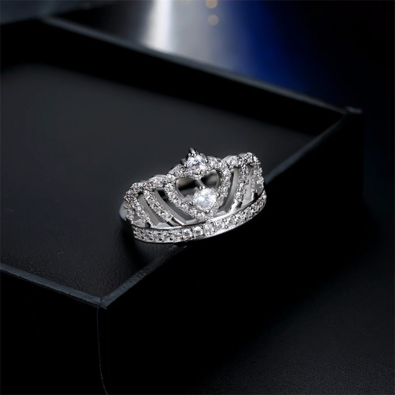Women’s Elegant Crown Ring with Sparkling Cubic Zirconia and Heart Detail
