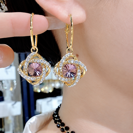 Vintage-Inspired Purple Crystal Drop Earrings with Zircon Swirls & 925 Silver Posts Produc