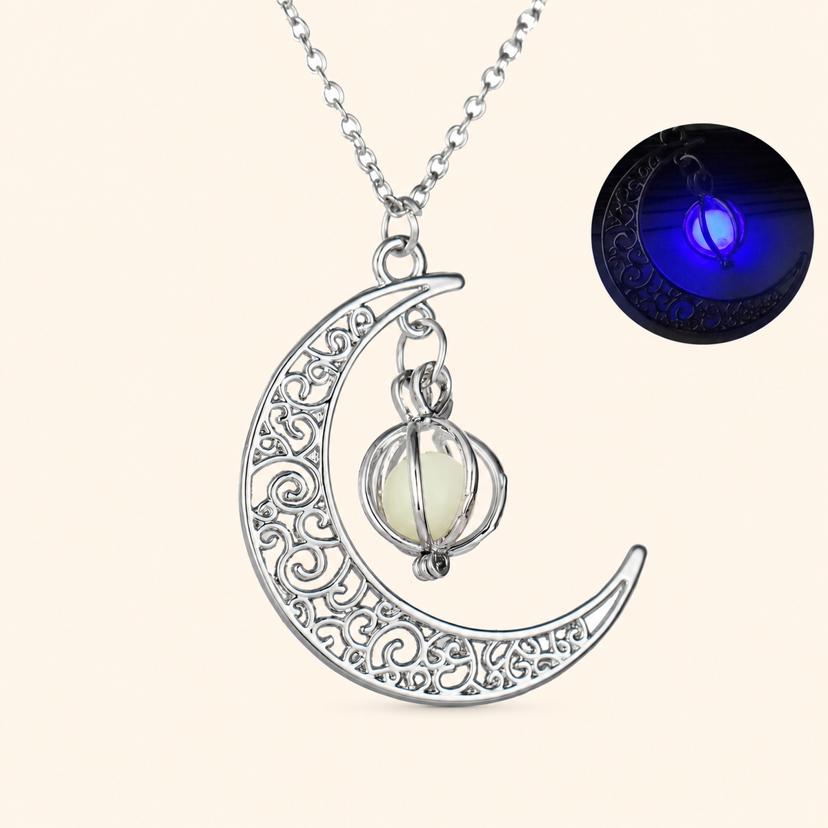 Women’s Silver-Tone Filigree Crescent Moon Necklace with Glow-in-the-Dark Pumpkin Charm