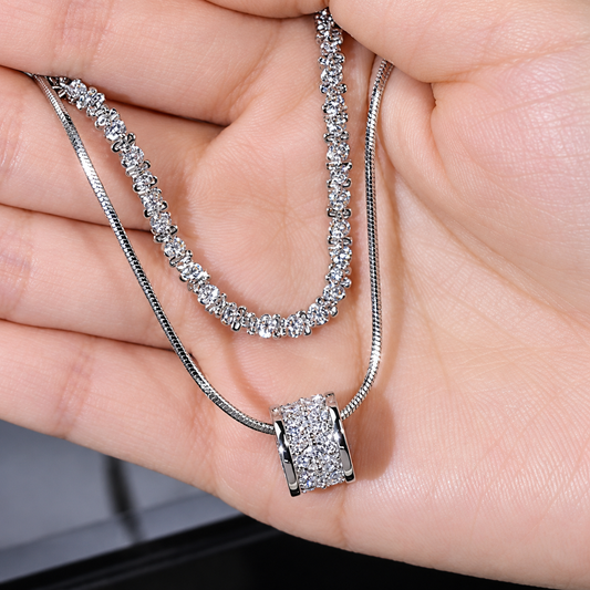 Women’s Silver-Tone Double-Layer Box Chain Necklace with Zircon Detail
