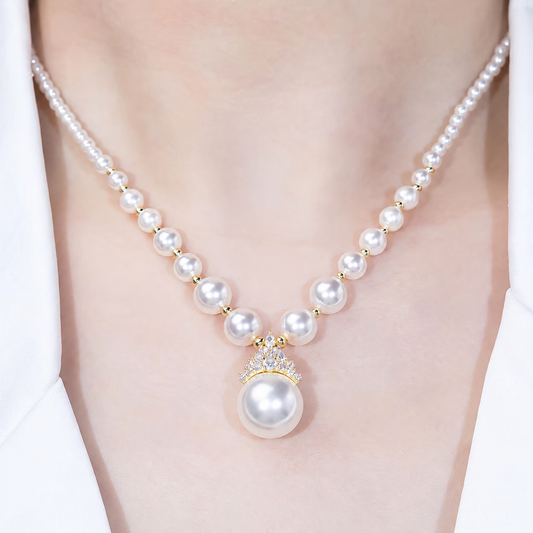 Women’s Elegant Faux Pearl Necklace with Cubic Zirconia Crown Pendant