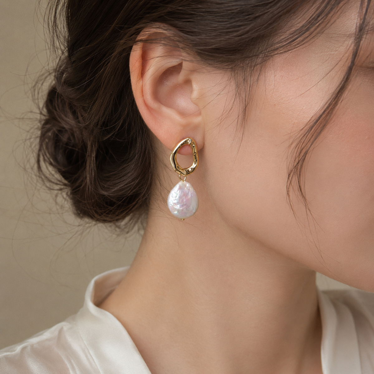 Gold Organic Loop and Freshwater Pearl Drop Earrings
