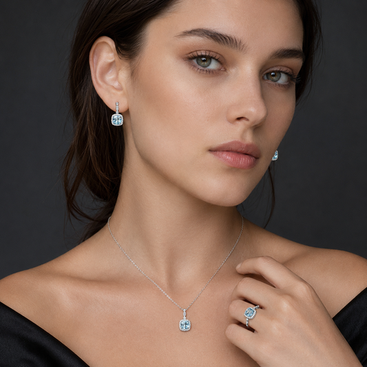S925 Sterling Silver Blue Stone Jewelry Set – Necklace, Drop Earrings & Adjustable Ring