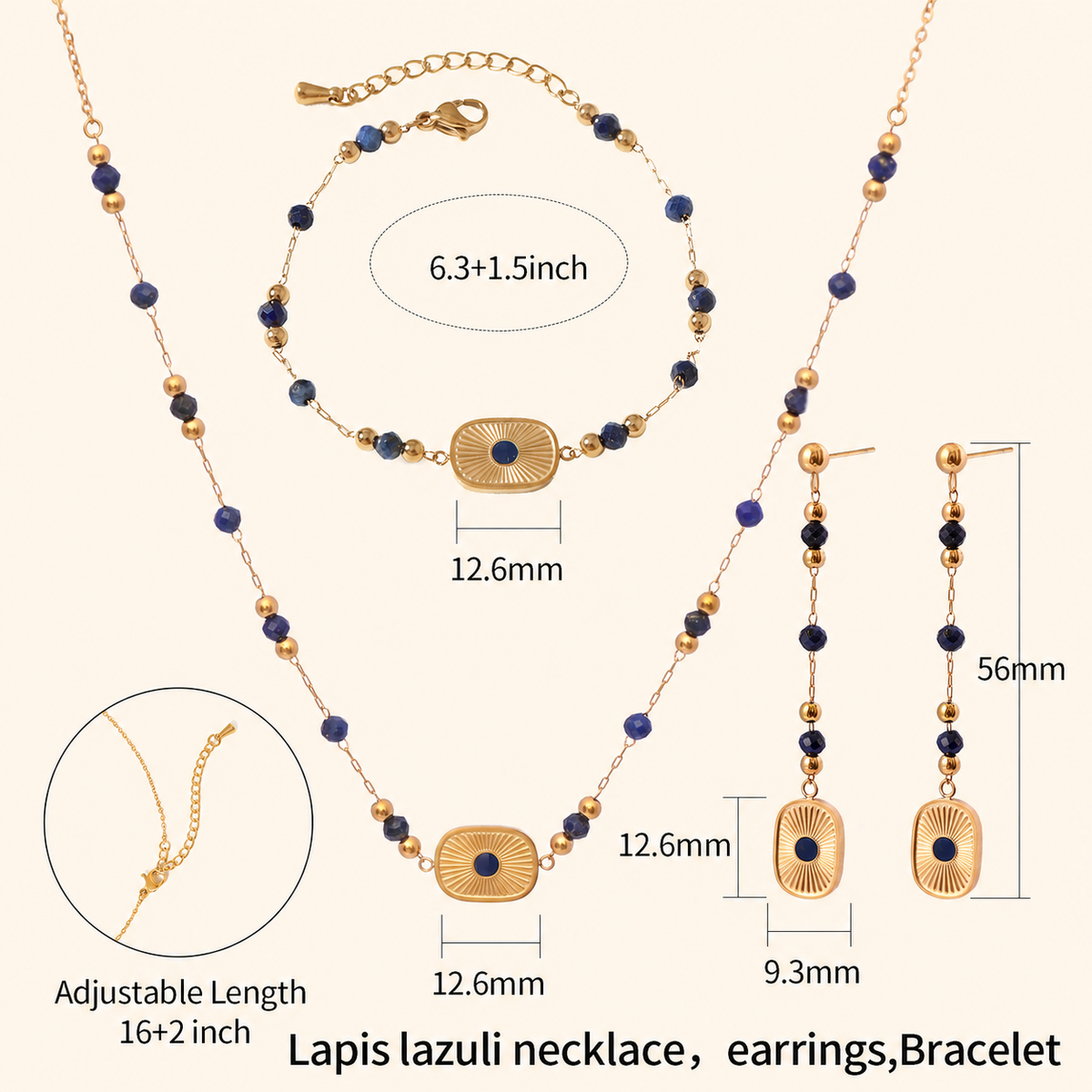 Lapis Lazuli Sunburst Jewelry Set – Necklace, Drop Earrings & Bracelet