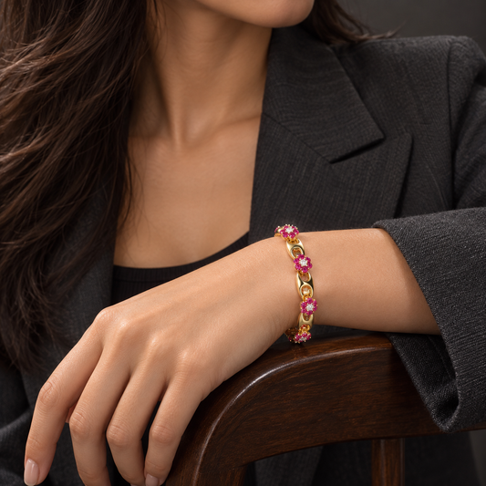 Women’s Vintage Red Crystal Flower Link Bracelet in Gold or Silver Tone