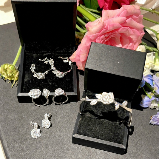 Women’s Elegant Camellia Necklace, Earrings, Bangle & Two-Ring Set with Cubic Zirconia
