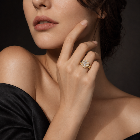 925 Sterling Silver Geometric Halo Crystal Statement Ring