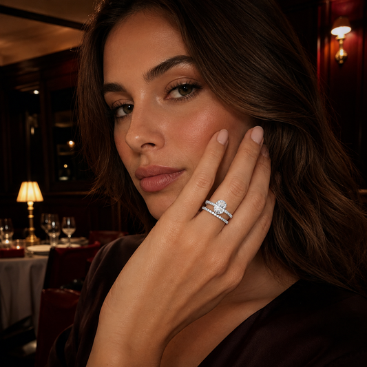 Women’s S925 Sterling Silver Oval Moissanite Two-Piece Stackable Ring Set, 7×10 mm