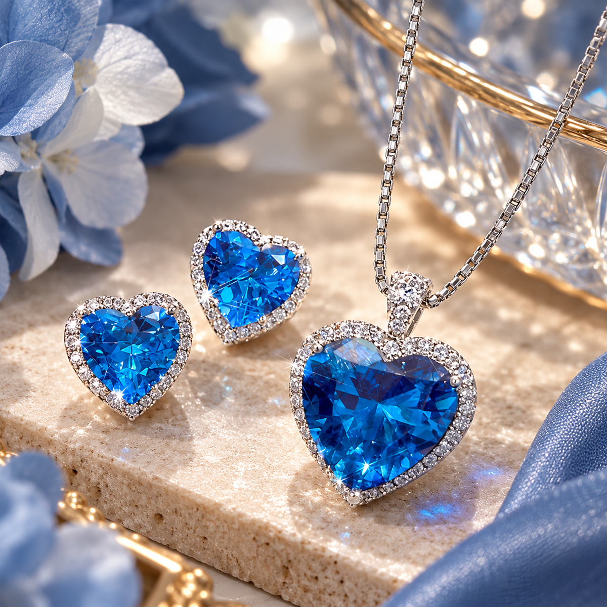 Women’s Romantic Heart-Cut Cubic Zirconia Pendant Necklace & Earrings Set with Halo Detail