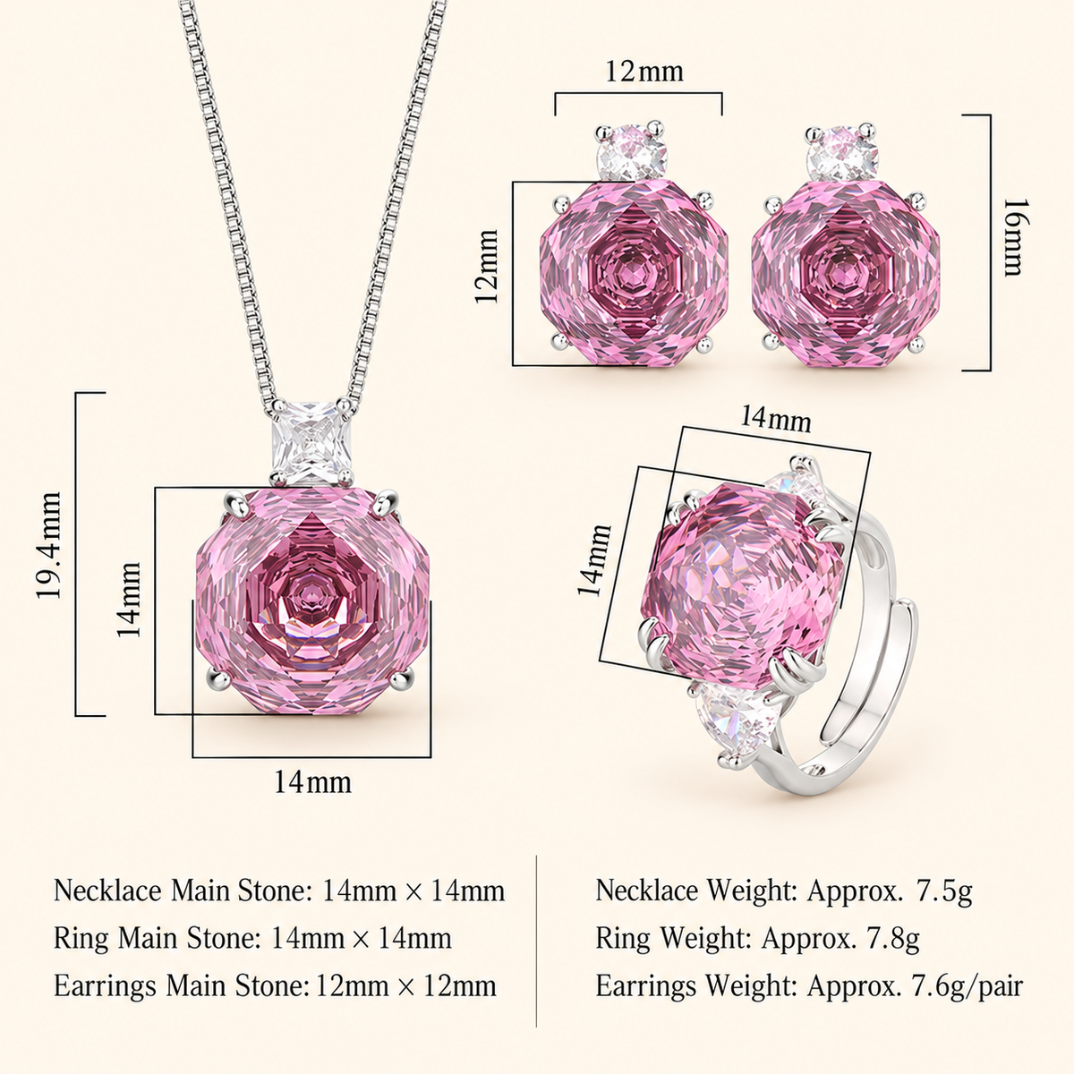 Women’s Dusty Rose Rose-Cut Cubic Zirconia Necklace, Earrings & Adjustable Ring Set