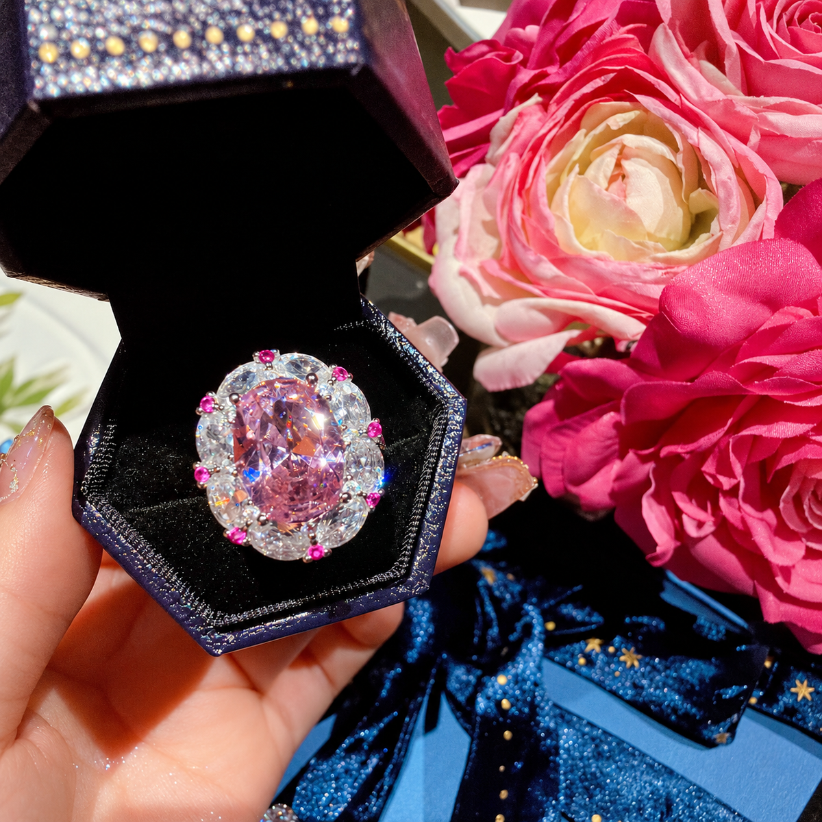 Cherry Blossom Pink Oval Jewelry Set with Floral Halo Pendant Necklace, Drop Earrings & Statement Ring