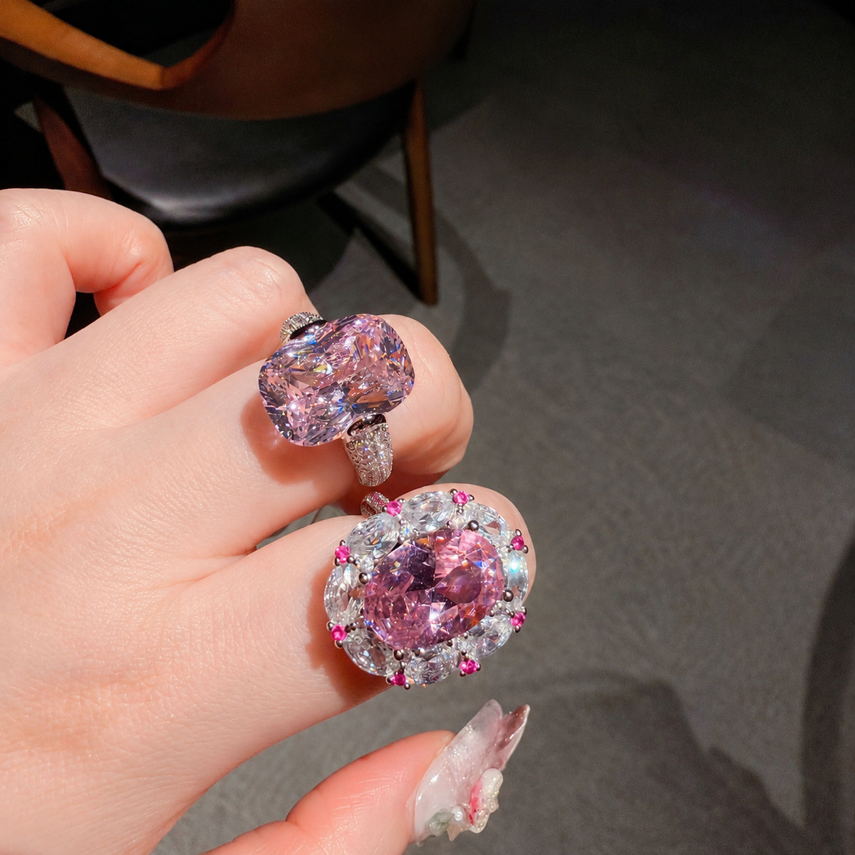 Cherry Blossom Pink Statement Ring with Ice-Flower Faceting – Cushion or Floral Halo Style