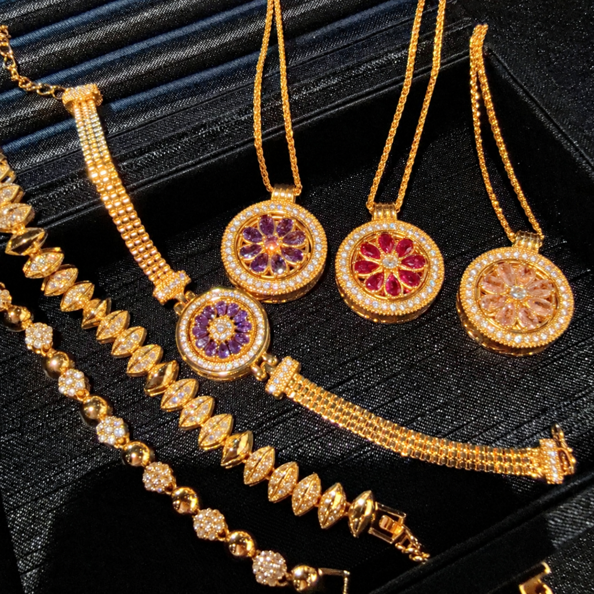 Gold-Tone Cubic Zirconia Bracelet – Beaded, Marquise Link & Purple Floral Compass Styles