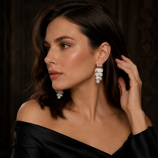 Women’s Ivory Acrylic Shell Petal Tassel Drop Earrings with Square Zirconia