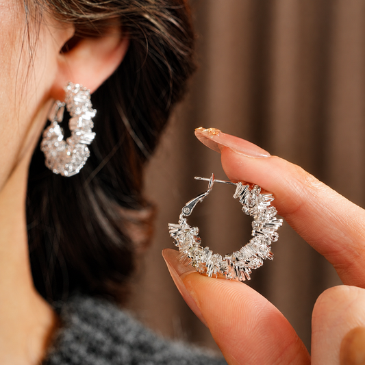 Women’s Silver Baguette Zircon Cluster Hoop Earrings