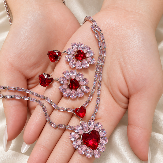 Princess-Inspired Red Heart CZ Floral Necklace & Earrings Set