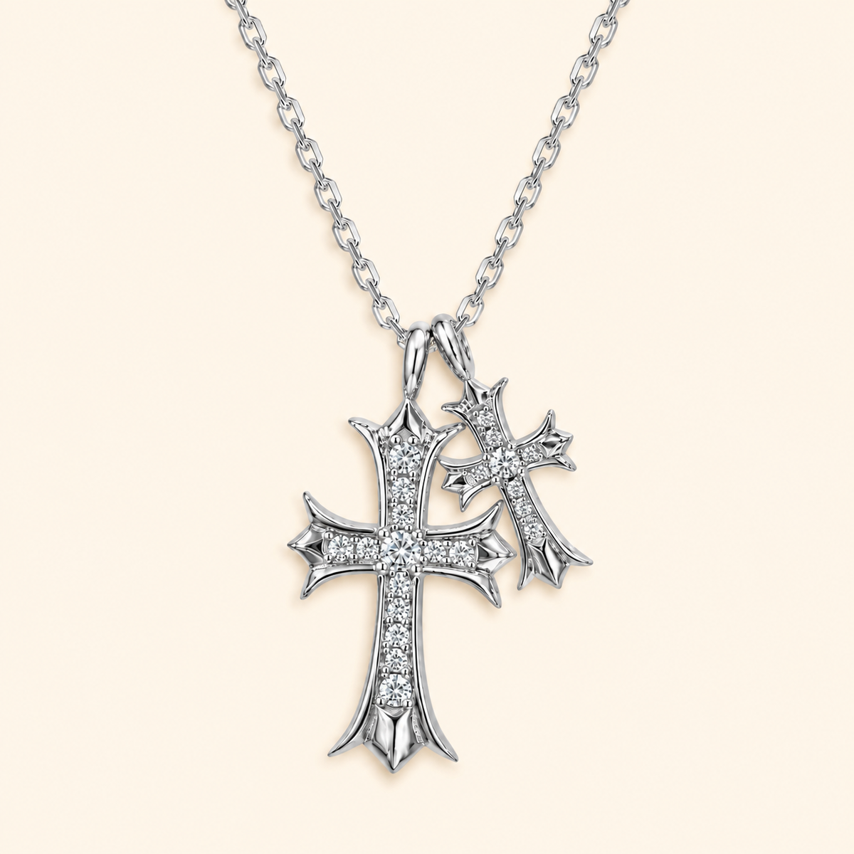 Women’s S925 Sterling Silver Moissanite Double Cross Pendant Necklace with Pave Crystal Detail