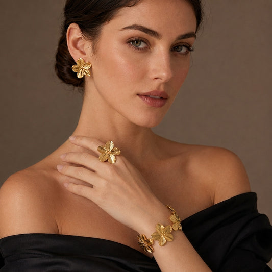 18K Gold PVD Stainless Steel Floral Jewelry Set – Cuff Bracelet, Stud Earrings & Ring