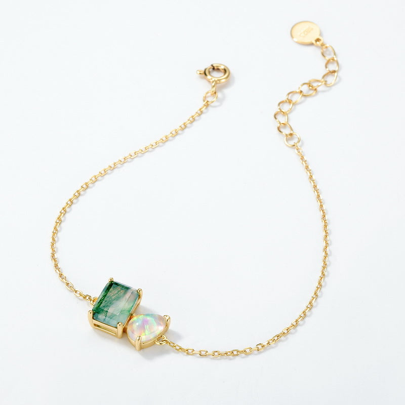 10K Gold-Plated 925 Sterling Silver Moss Agate Bracelet with Iridescent Teardrop Accent
