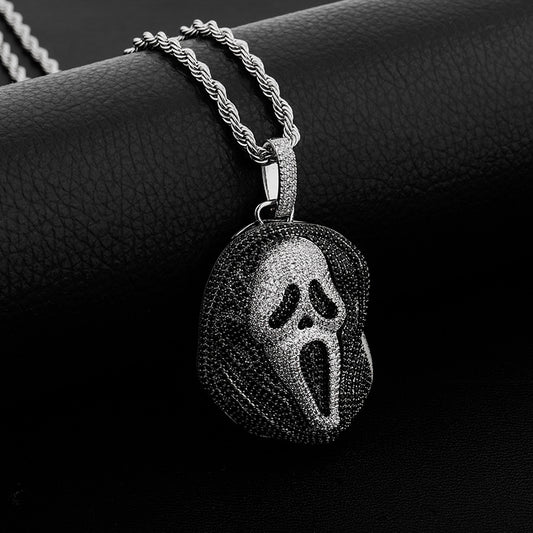 Unisex Halloween Ghost Mask Pendant Necklace with Black and Clear Cubic Zirconia