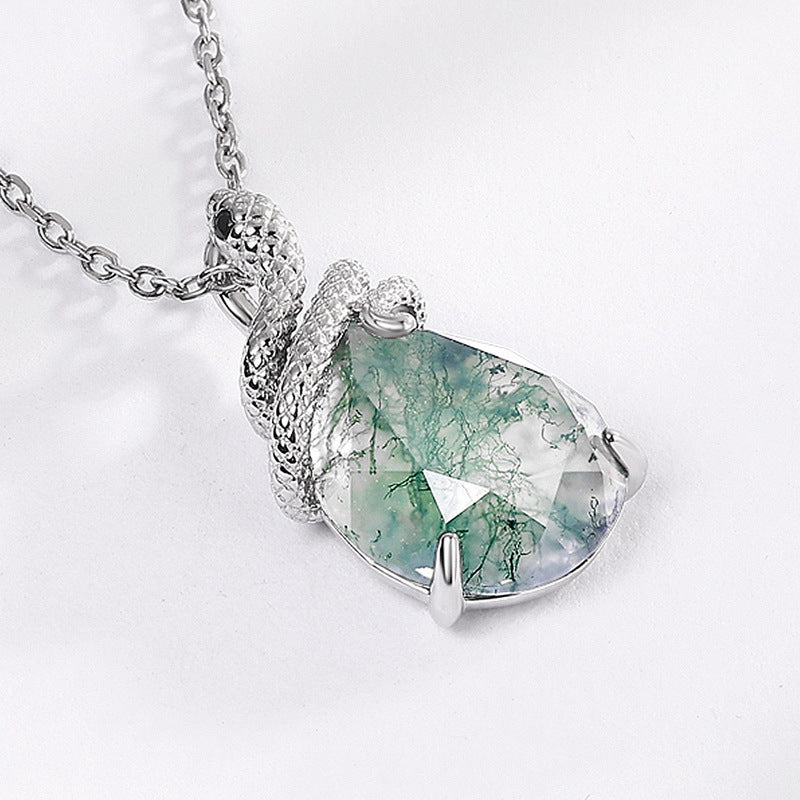925 Sterling Silver Natural Moss Agate Teardrop Pendant with Coiled Snake Design