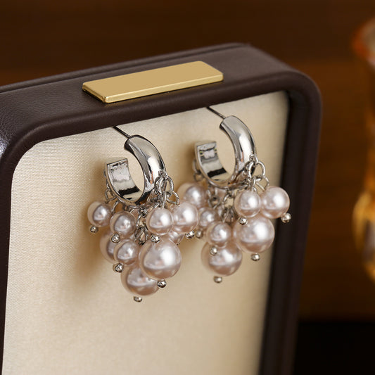 Silver-Tone Pearl Cluster Drop Hoop Earrings with S925 Sterling Silver Posts