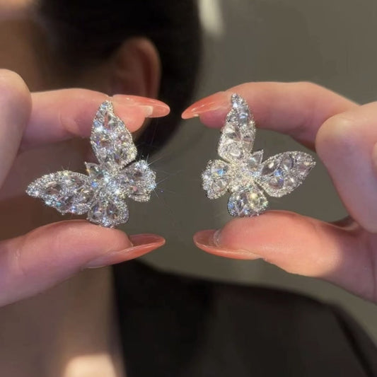 Women’s Silver-Tone Vintage-Inspired Butterfly Statement Stud Earrings with Sparkling Teardrop Zircon Detail