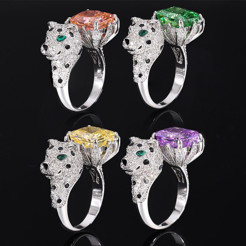 Women’s Luxury Leopard Statement Adjustable Ring with High-Carbon Diamond & Color Gemstone