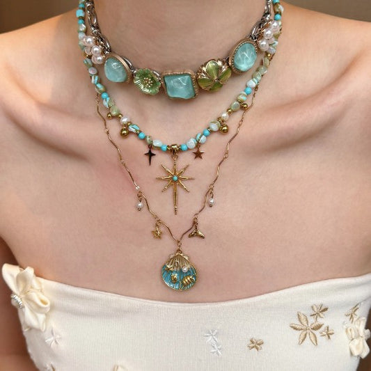 Bohemian Vintage Beaded Layered Necklace Set with Shell, Sunflower and Geometric Flower Pendants