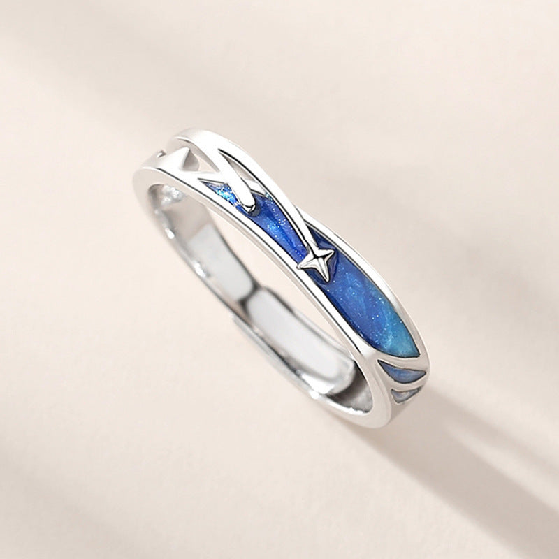 925 Sterling Silver Adjustable Couple Rings with Blue Shooting Star Design