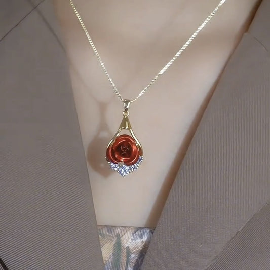 Women’s Gold Tone Romantic Red Rose Pendant Box Chain Necklace with Sparkling Zircon Detail