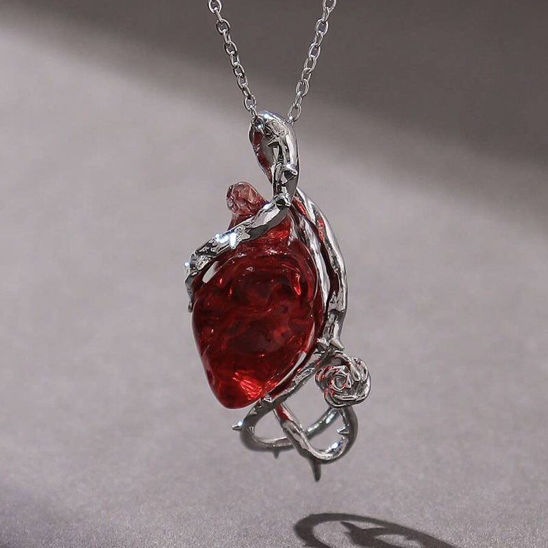 Unisex Gothic Red Anatomical Heart Pendant Necklace with Thorn Vine and Rose Detail