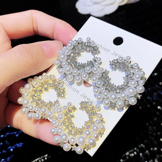 Women’s Elegant C-Hoop Earrings with Pearl and Sparkling Zircon Detail