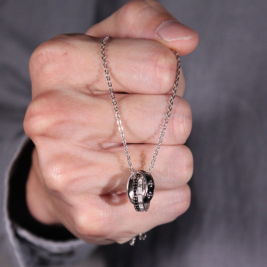 Men’s 925 Sterling Silver Double Ring Pendant Necklace with Black Star Details