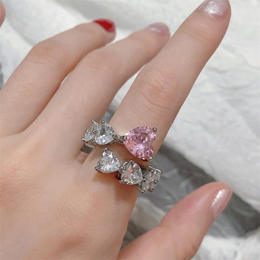 Women’s Silver-Tone Romantic Adjustable Heart Ring with Pink and Clear Sparkling Stones