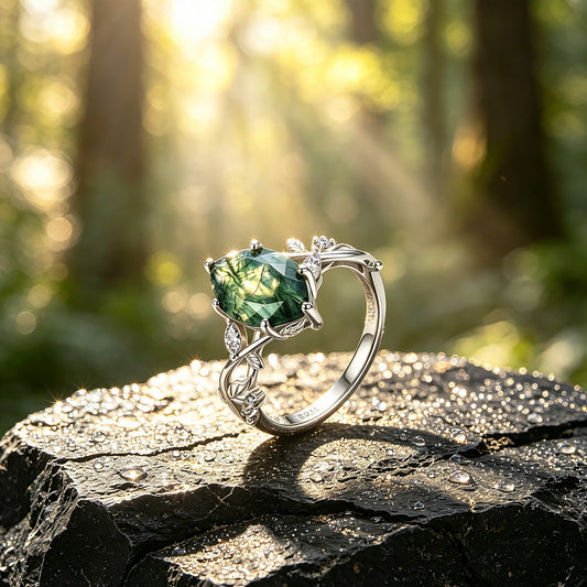 925 Sterling Silver Natural Moss Agate Ring with Intertwined Vine and Leaf Details