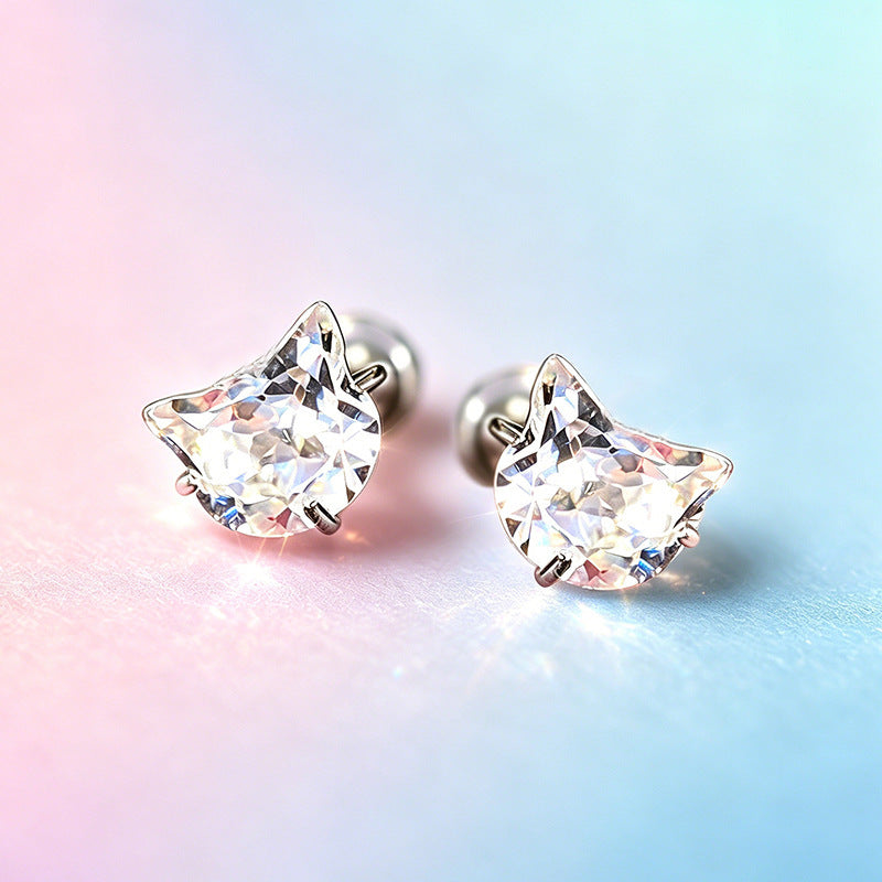 Women’s 925 Sterling Silver Cat Stud Earrings with Cubic Zirconia