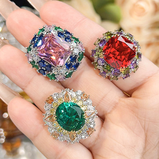 Women’s Candy Color Cubic Zirconia Adjustable Statement Ring with Pink, Red or Emerald Green Gemstone