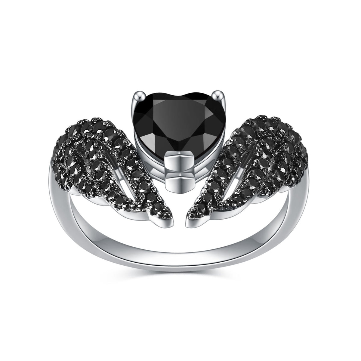 Women’s 925 Sterling Silver Heart Ring with Black Wings and Gemstone Center