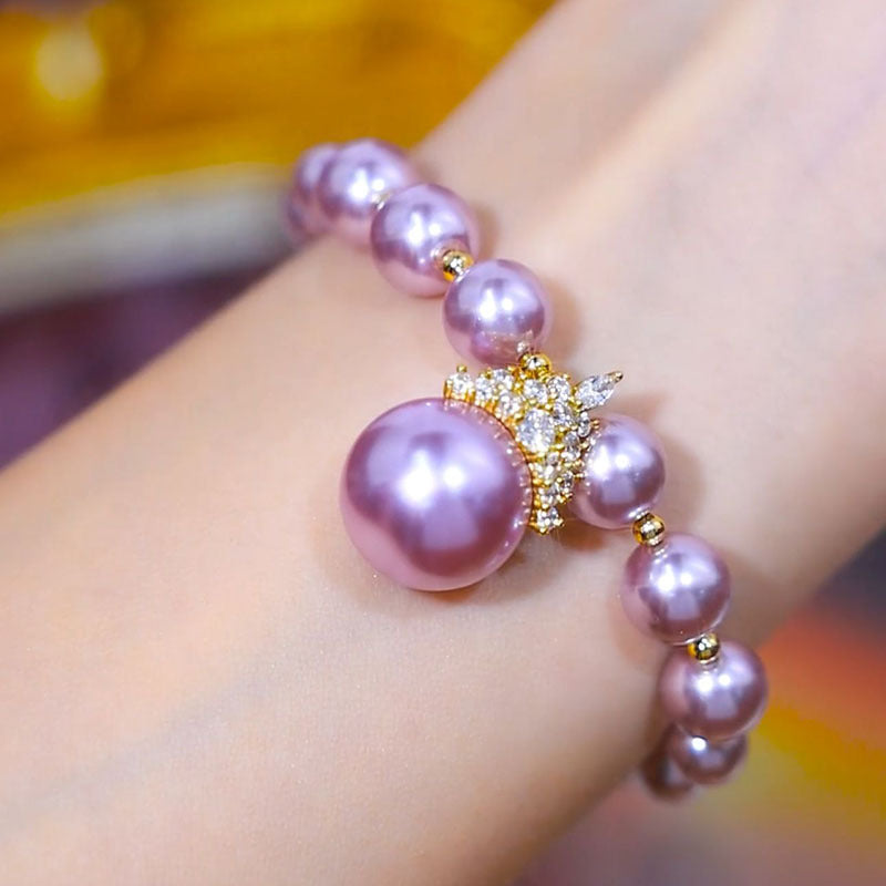 Women’s Elegant Pearl Beaded Bracelet with Crystal Crown Charm Detail