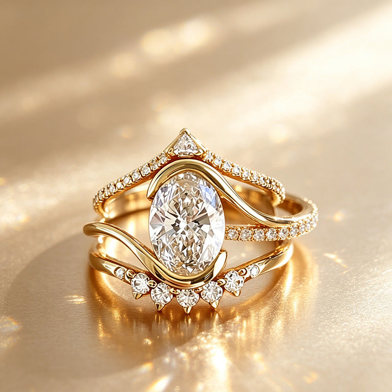 Vintage-Inspired Oval Crystal Three-Piece Stackable Ring Set