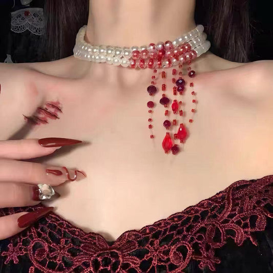 Women’s Gothic Halloween Three-Strand Pearl Choker Necklace with Red Blood-Drip Beaded Detail