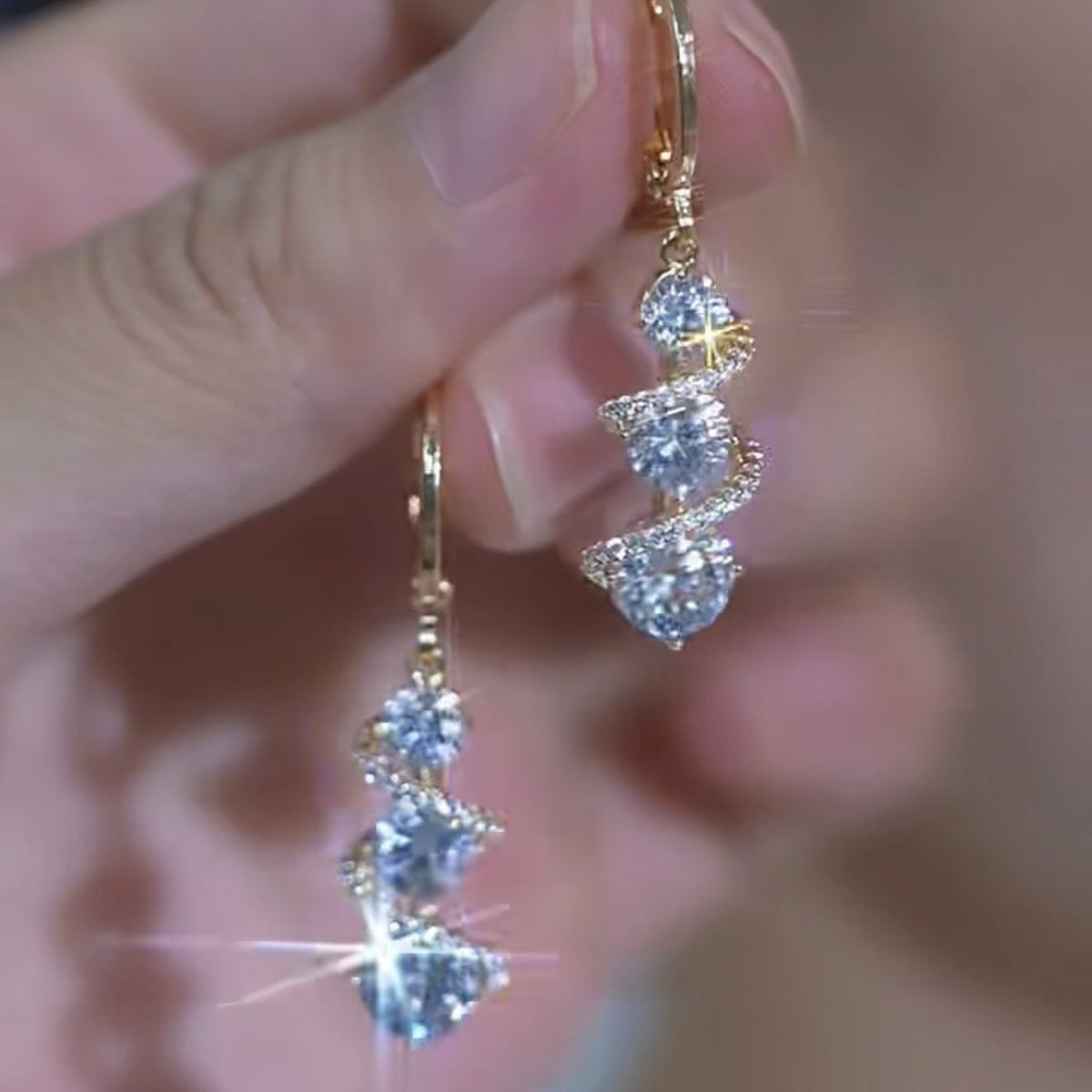 Women’s Gold-Tone Elegant Zircon Drop Earrings with Sparkling Spiral Detail
