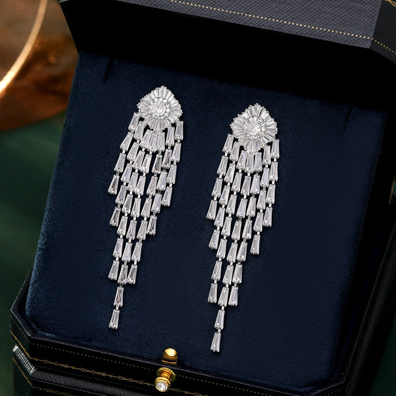 Women’s Silver-Tone Floral Tassel Drop Earrings with Sparkling Baguette Zircon Detail