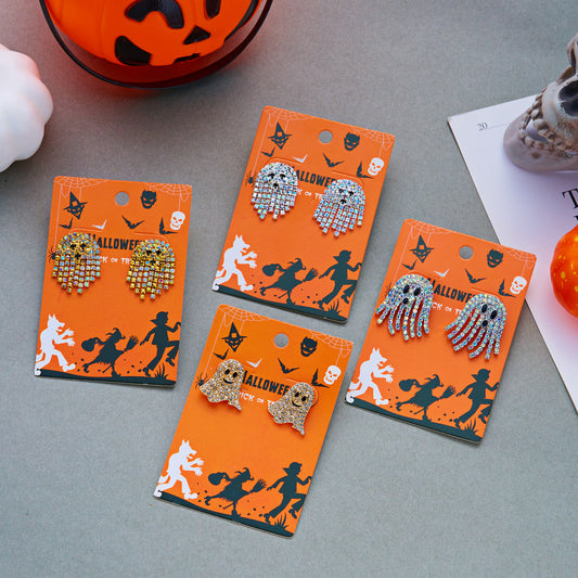 Women’s Halloween Rhinestone Ghost Earrings with Playful Face Details