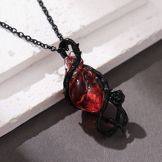Unisex Gothic Red Anatomical Heart Pendant Necklace with Thorn Vine and Rose Detail