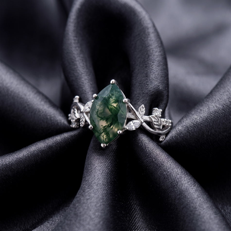 925 Sterling Silver Natural Moss Agate Ring with Intertwined Vine and Leaf Details